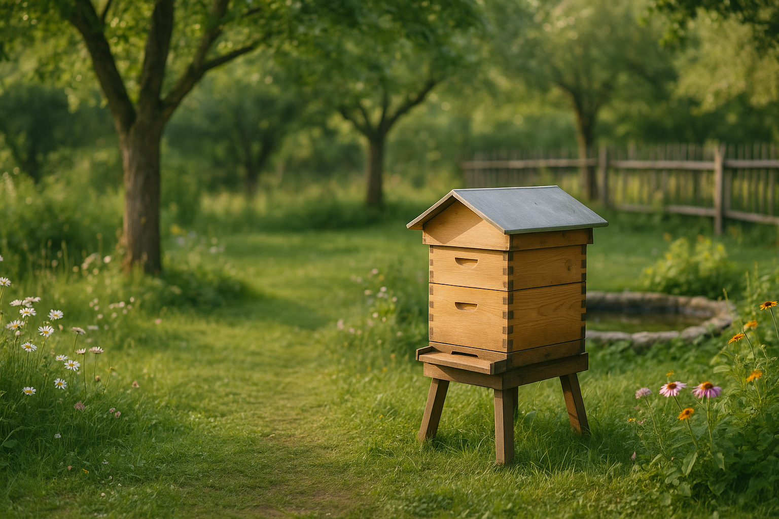 Installation d'une première ruche dans un coin de jardin fleuri