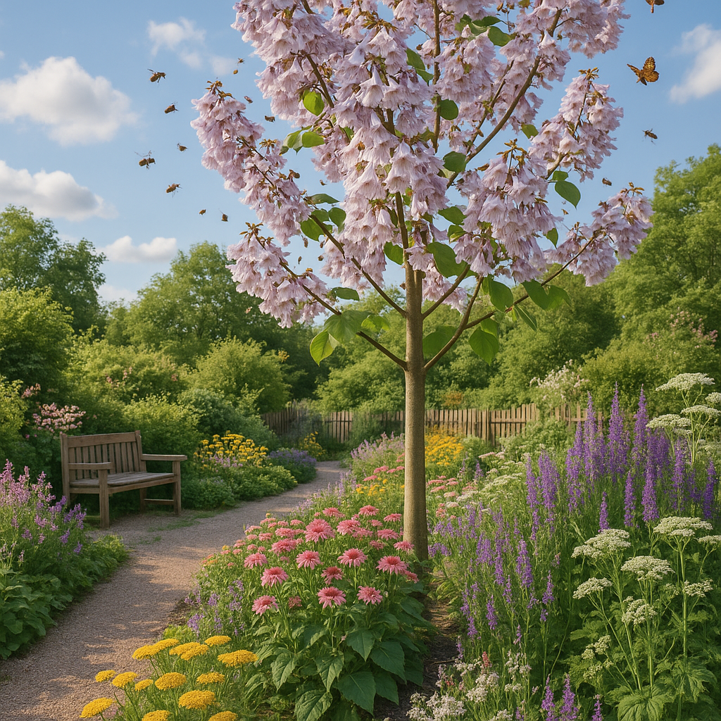 Un jardin éco-responsable avec un arbre de Paulownia en fleurs entouré de pollinisateurs et de plantes variées.