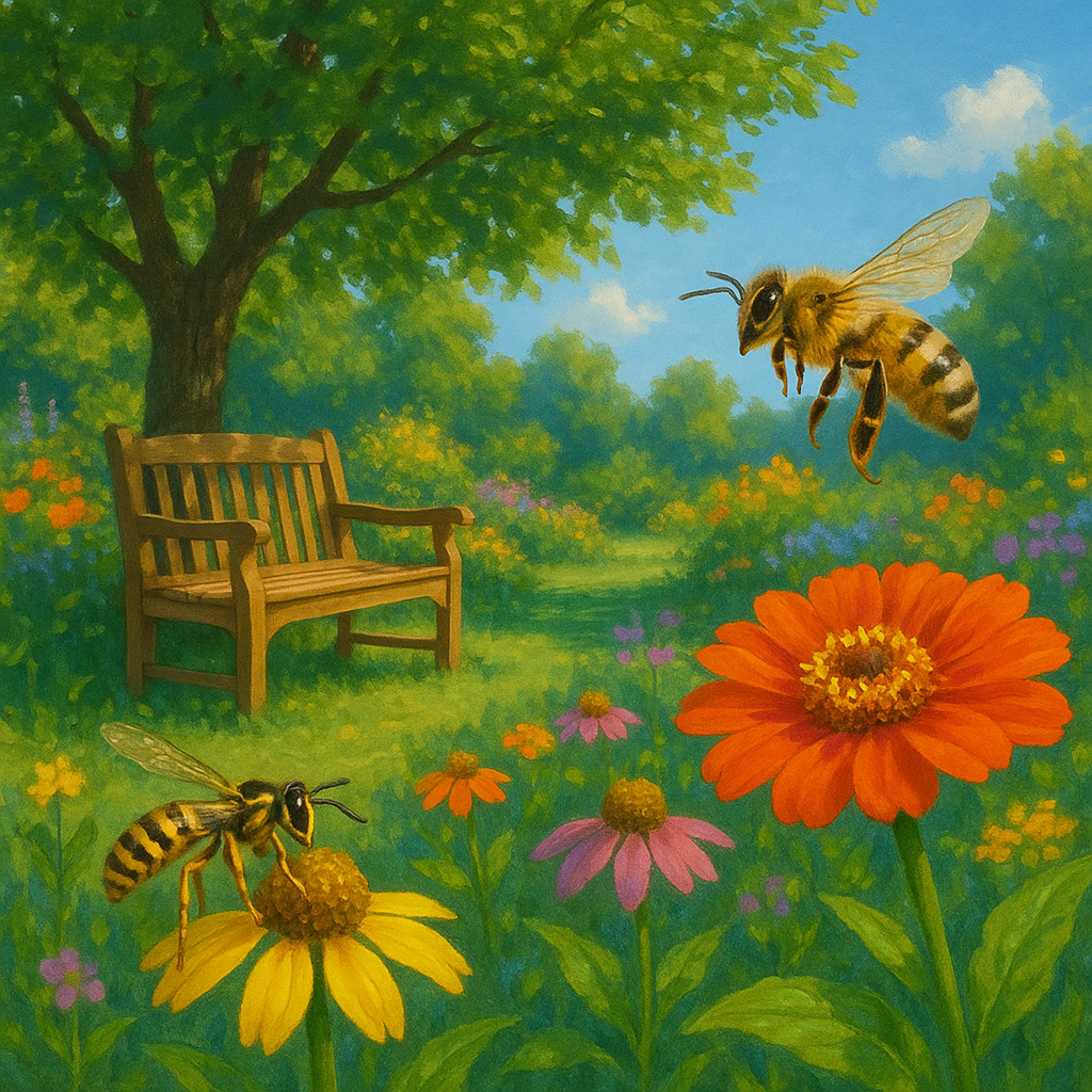 Abeille et guêpe dans un jardin en été avec des fleurs colorées.