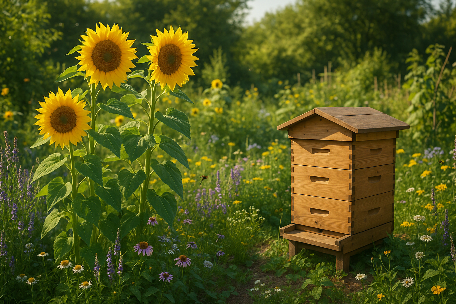 Jardin en permaculture avec tournesols mellifères