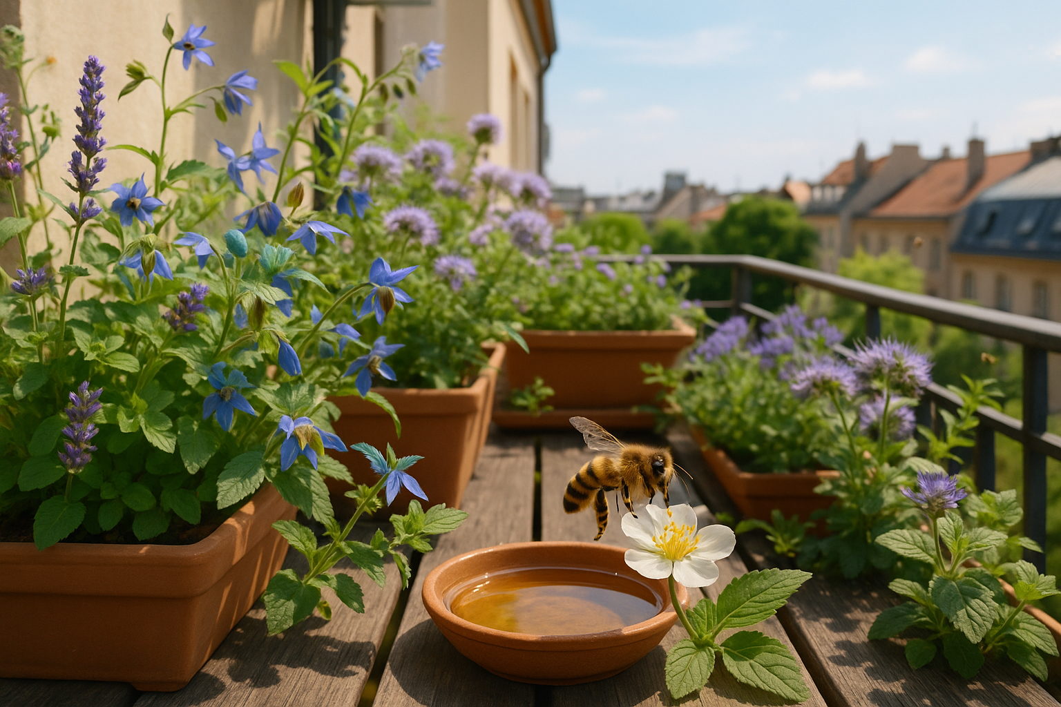 Balcon fleuri en ville attirant les abeilles butineuses