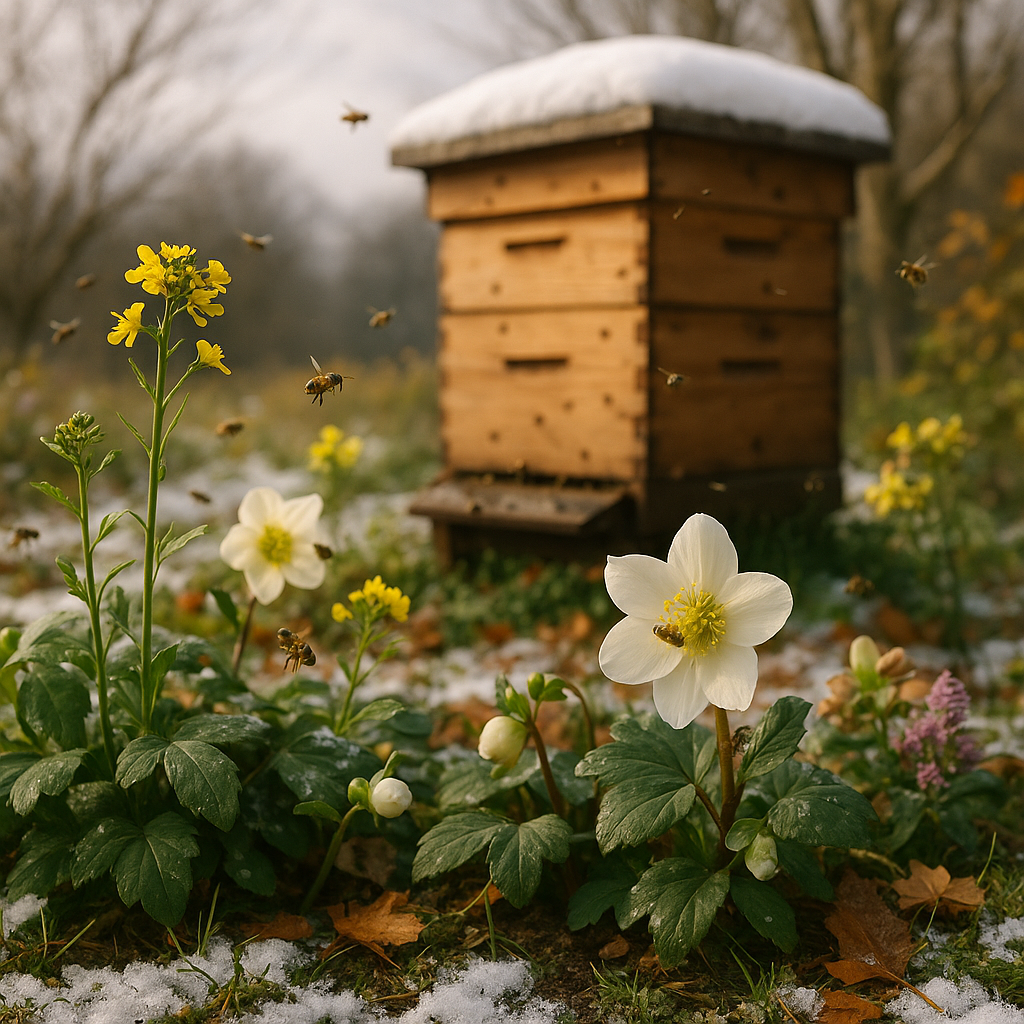 Jardin mellifère d'hiver avec fleurs et abeilles pollinisant.