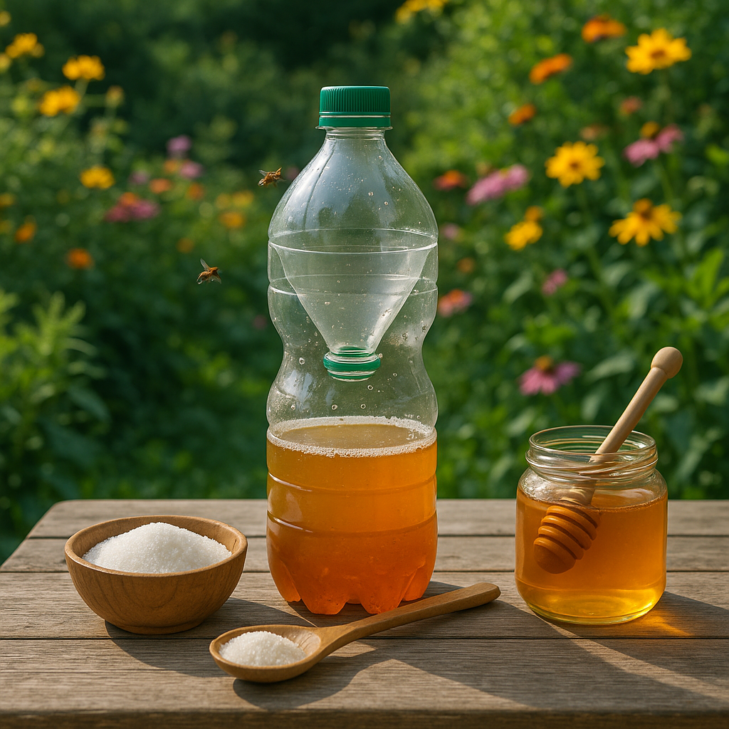 Un piège à frelons en bouteille plastique sur une table de jardin avec des ingrédients naturels autour.