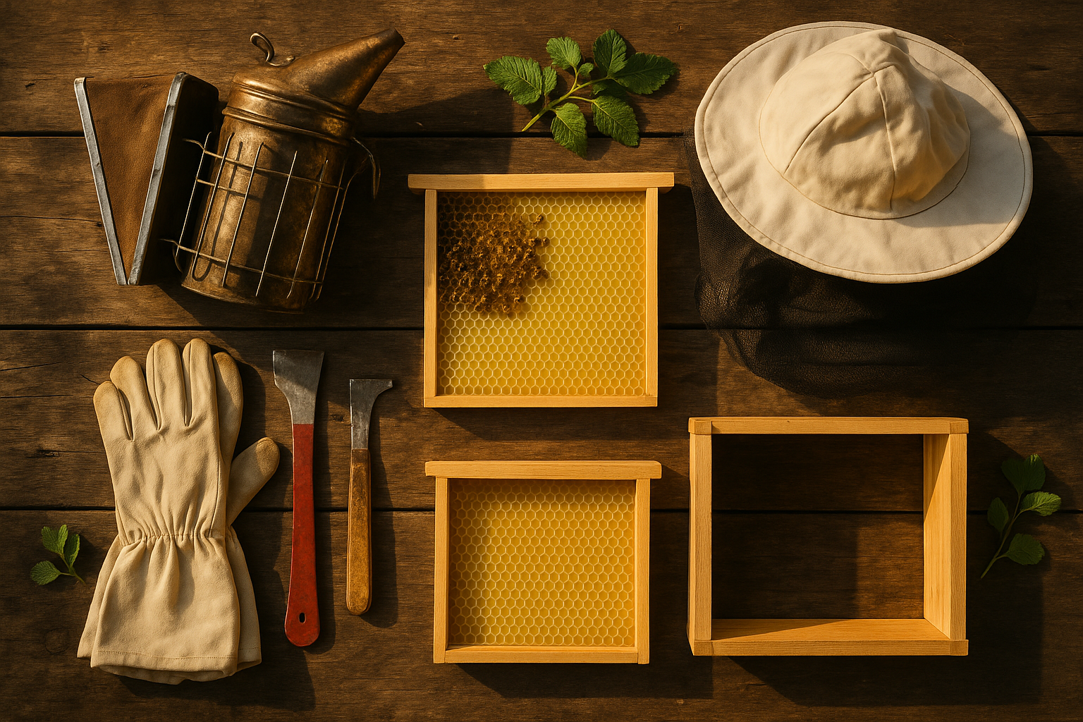 Vue de dessus sur les outils de base pour l'apiculture douce