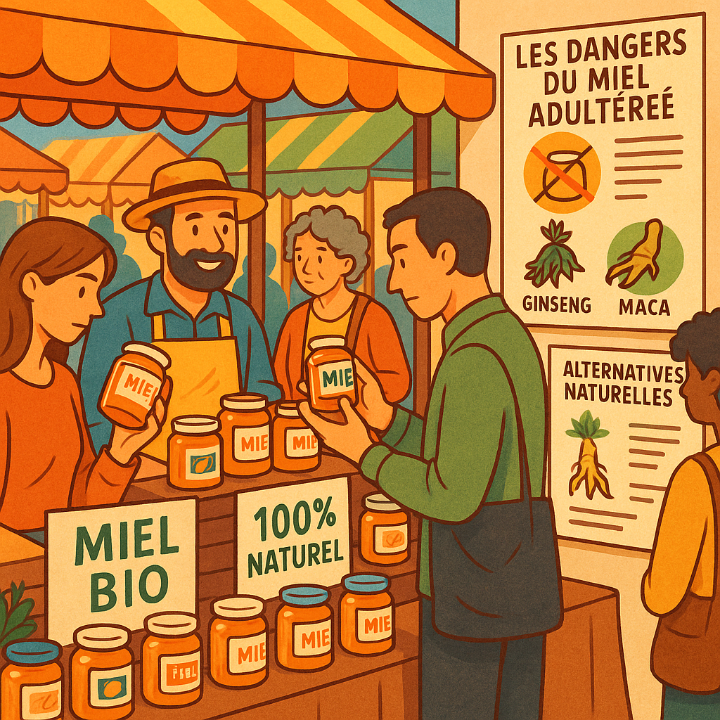 Scène d'un marché local où des consommateurs choisissent du miel bio et s'informent sur ses dangers et ses alternatives naturelles.
