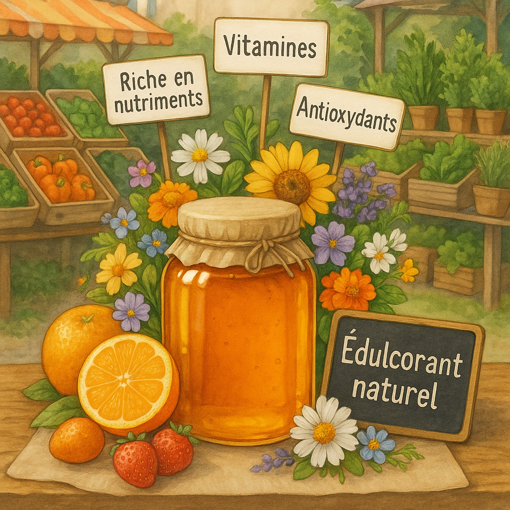 Étal de marché avec pot de miel en verre entouré de fleurs et de fruits frais.