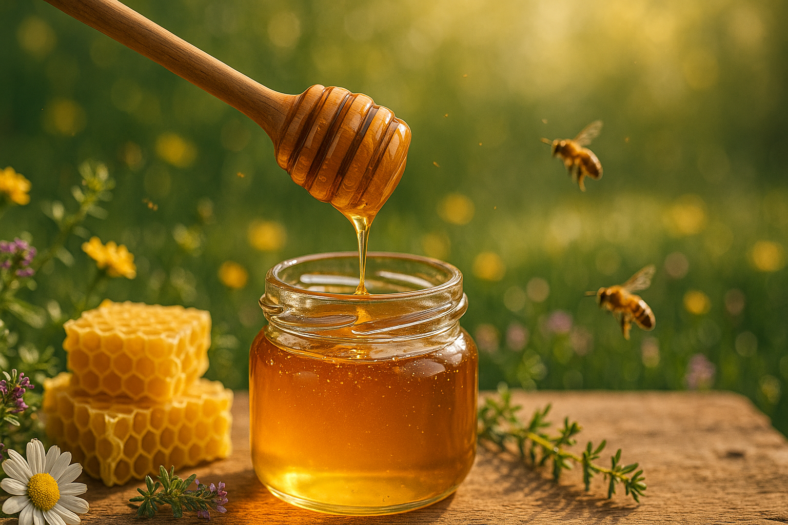 Miel doré coulant d’une cuillère en bois, symbole de douceur et de soin naturel.