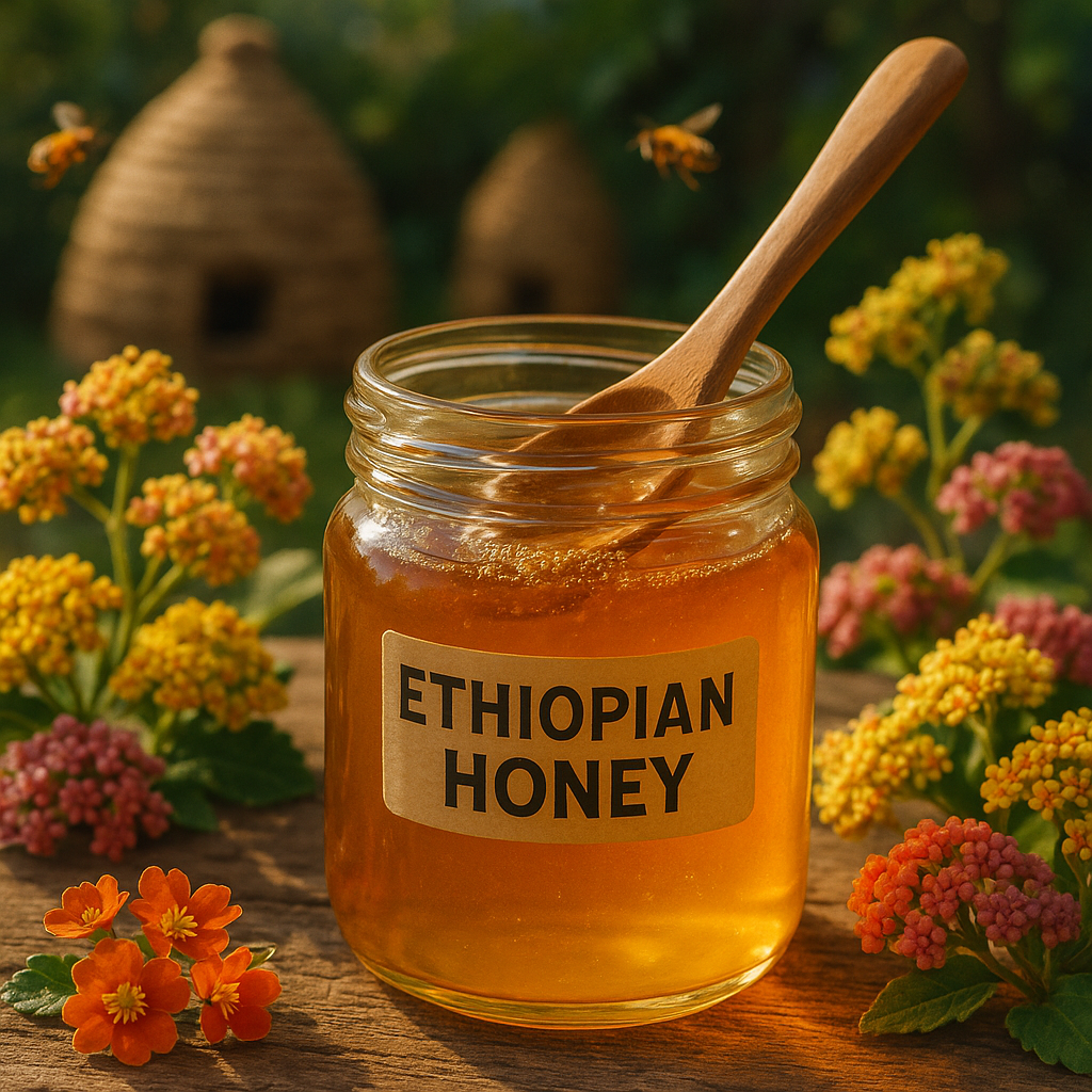 Premier plan d'un pot de miel éthiopien entouré de fleurs et d'une cuillère en bois.