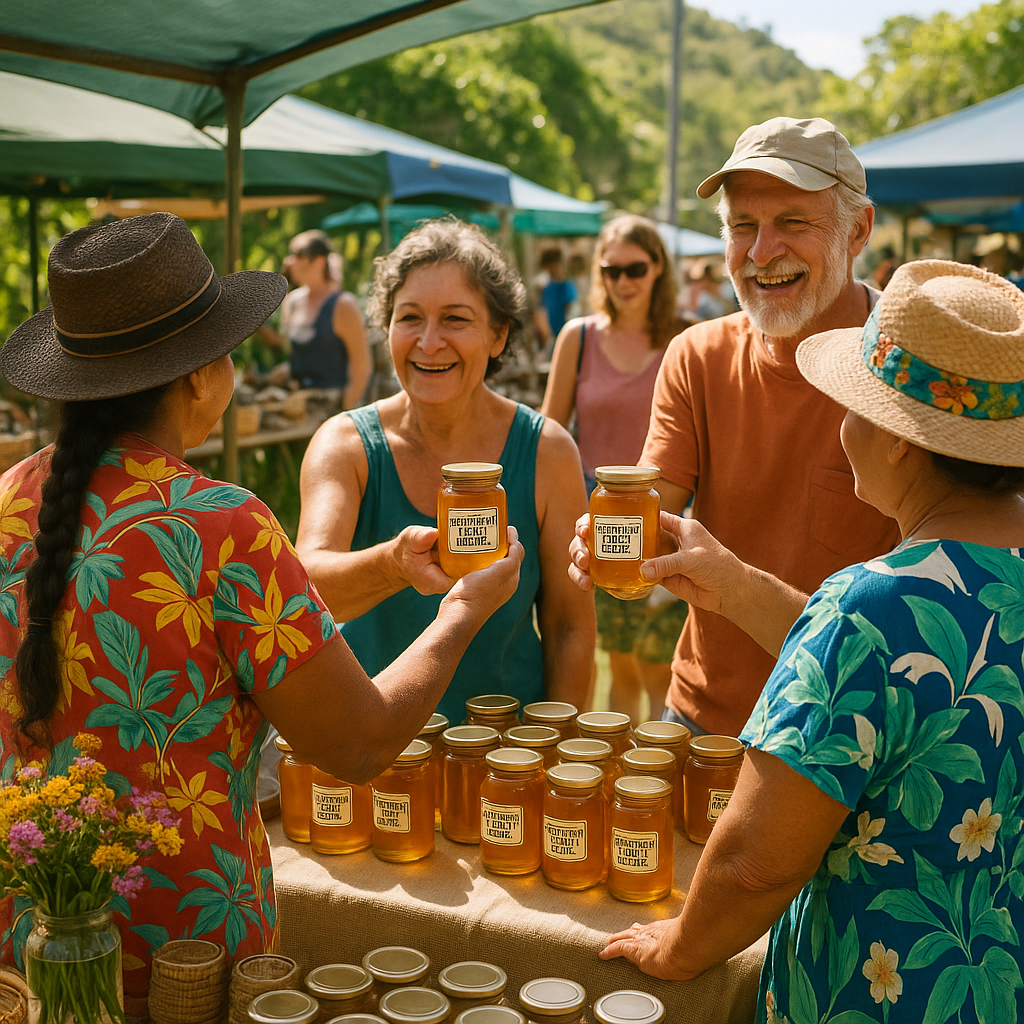 Une scène de marché local sur l'île de Pitcairn avec des habitants échangeant des pots de miel et des produits artisanaux.