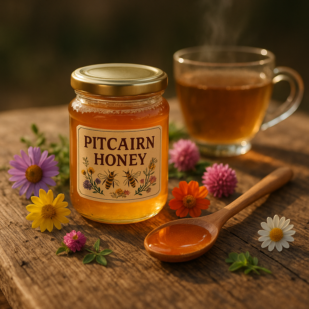 Un pot de miel de Pitcairn entouré de fleurs sauvages et d'une tasse de tisane, illustrant ses bienfaits et utilisations culinaires.