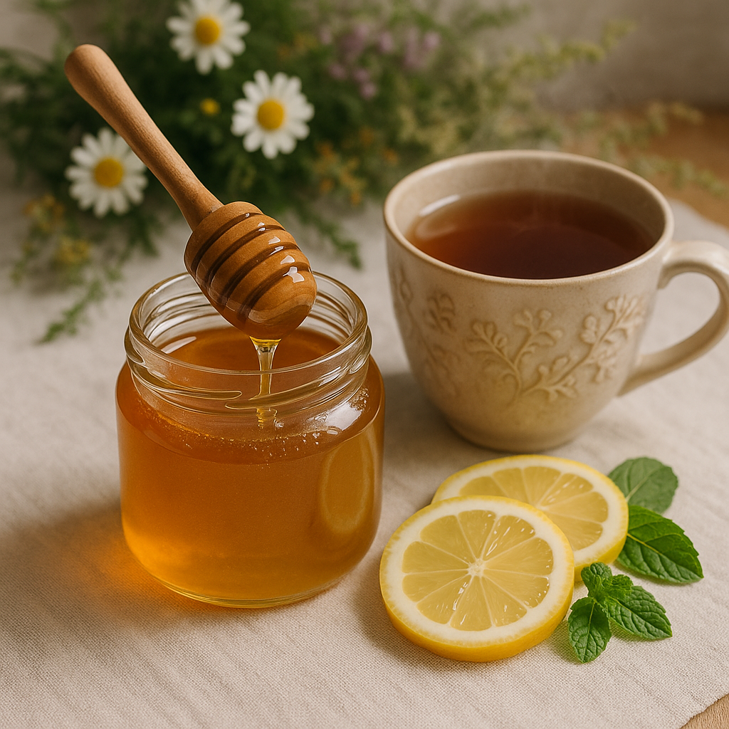 Cuillère plongeant dans un pot de miel avec une tisane chaude, des tranches de citron et de la menthe fraîche sur une nappe en lin.