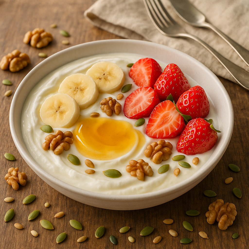 Yaourt nature avec du miel et des fruits frais sur une table en bois, accompagnés de noix et de graines.