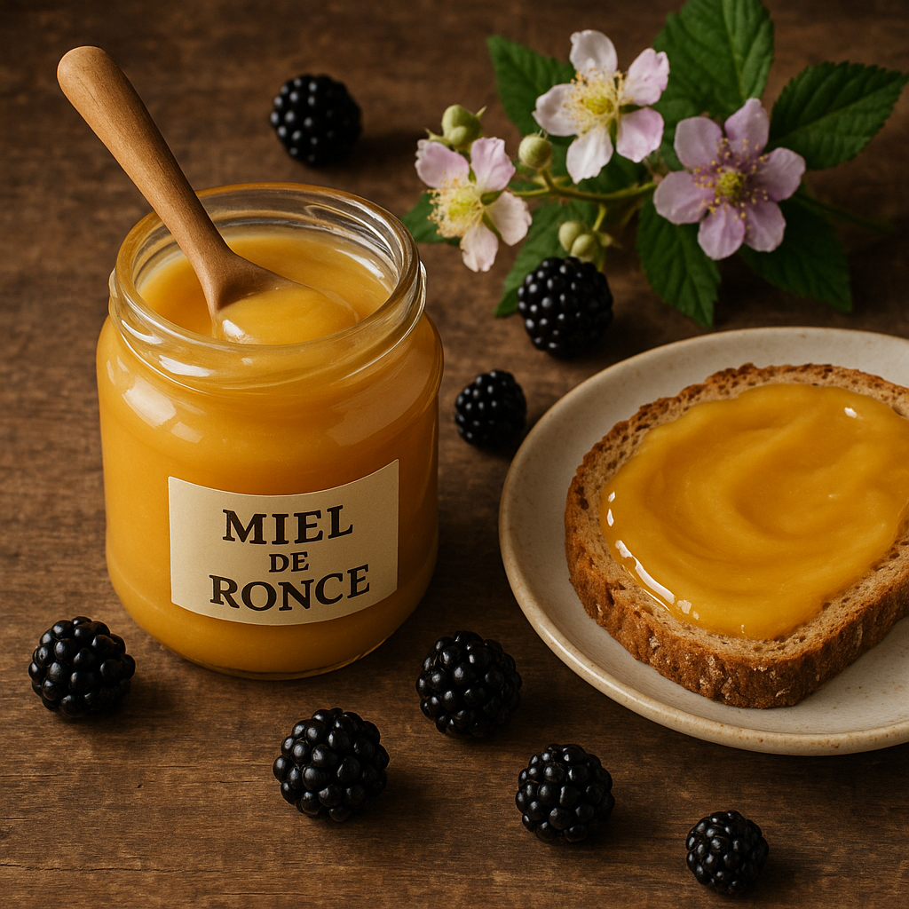 Pot de miel de ronce avec tartine et baies sur un fond en bois