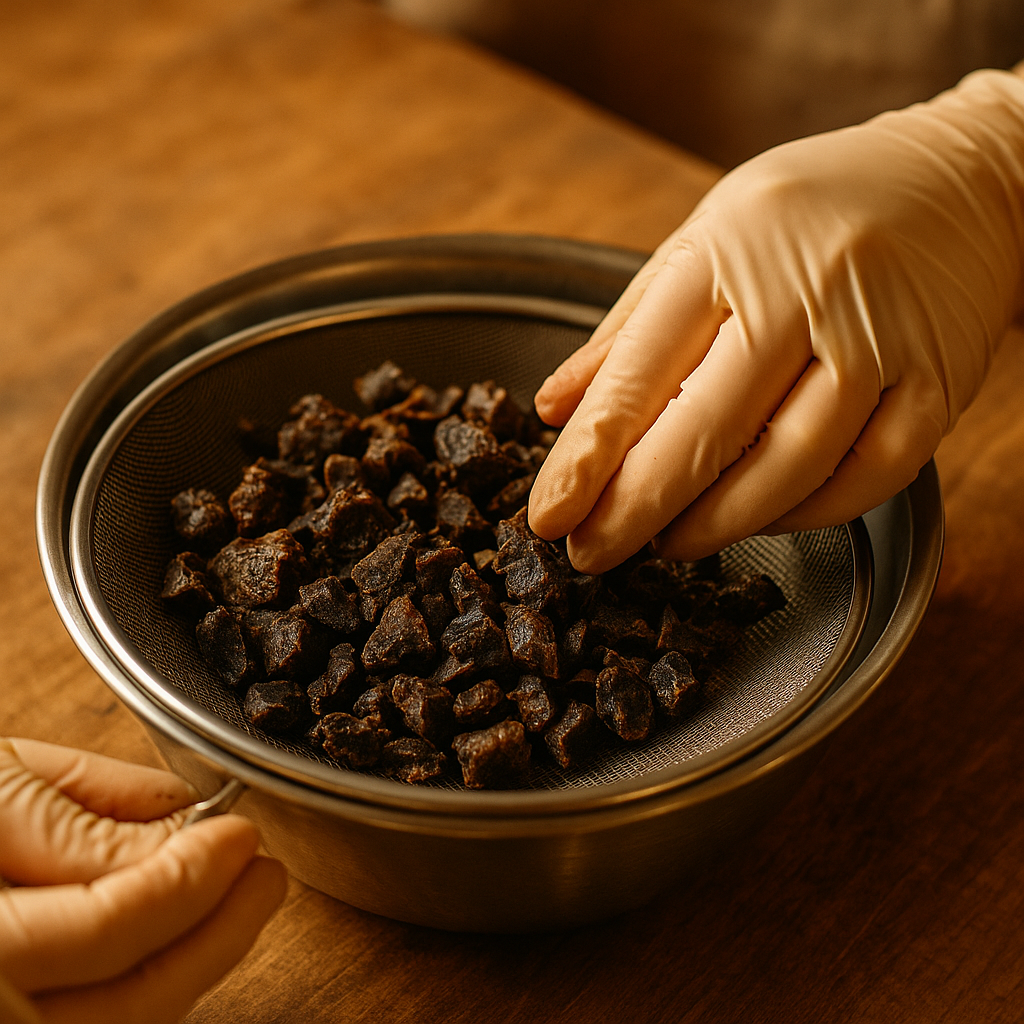 Nettoyage minutieux de la propolis brute après congélation