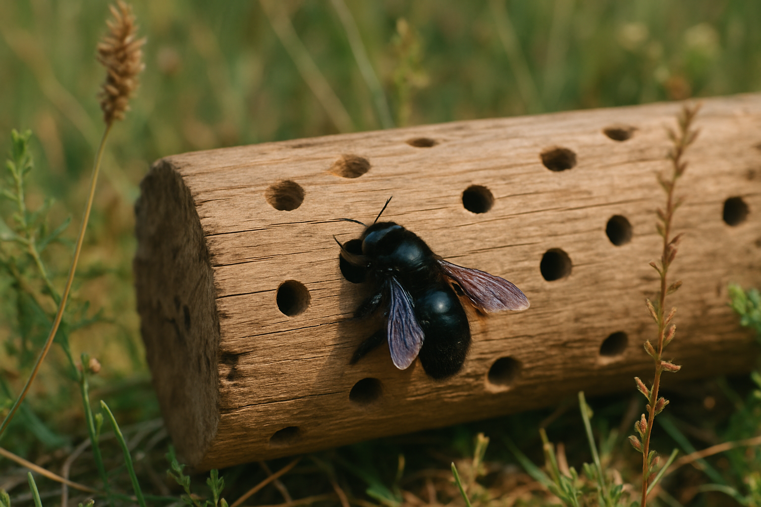 Abeille charpentière entrant dans un trou creusé dans une vieille bûche.