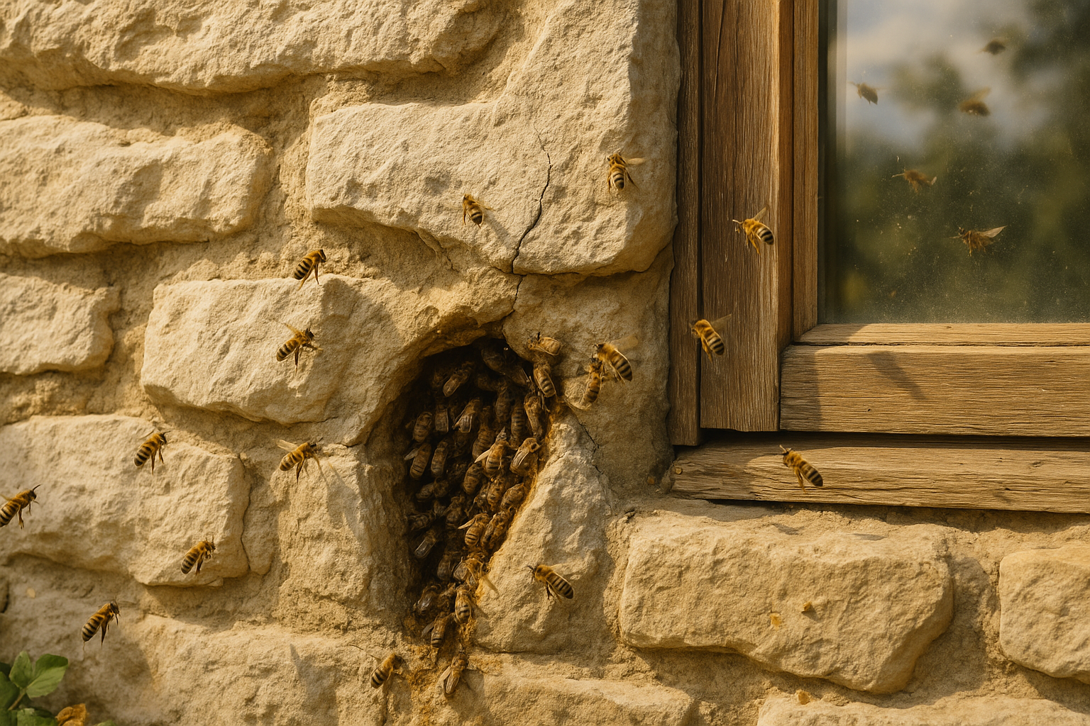 Nid d'abeilles installé dans une fissure d'un mur ancien, avec des abeilles en vol