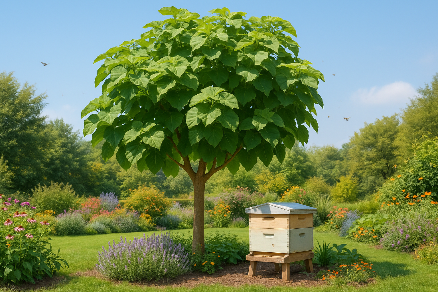 Arbre paulownia adulte dans un jardin paysager fleuri
