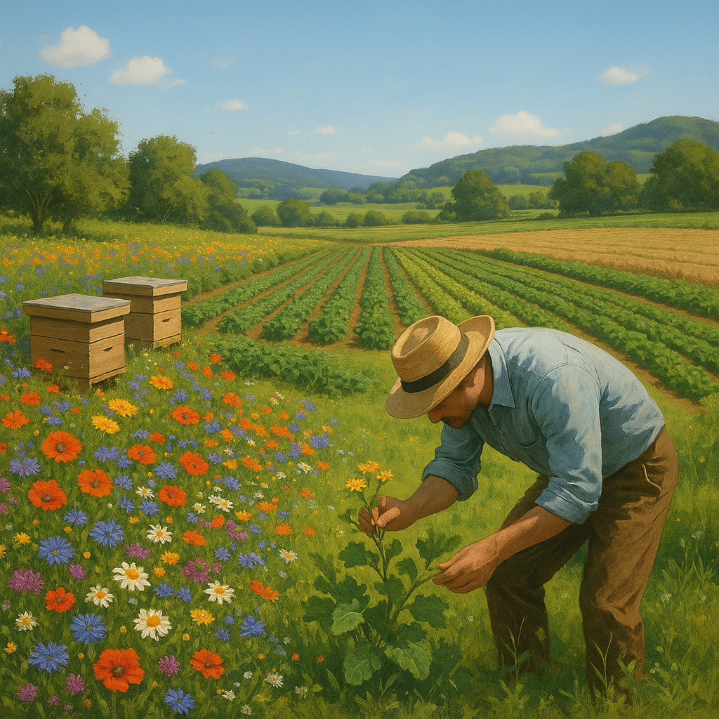 Agriculteur examinant des fleurs mellifères près de ses ruches dans un paysage agricole, symbolisant l'harmonie entre agriculture et biodiversité.