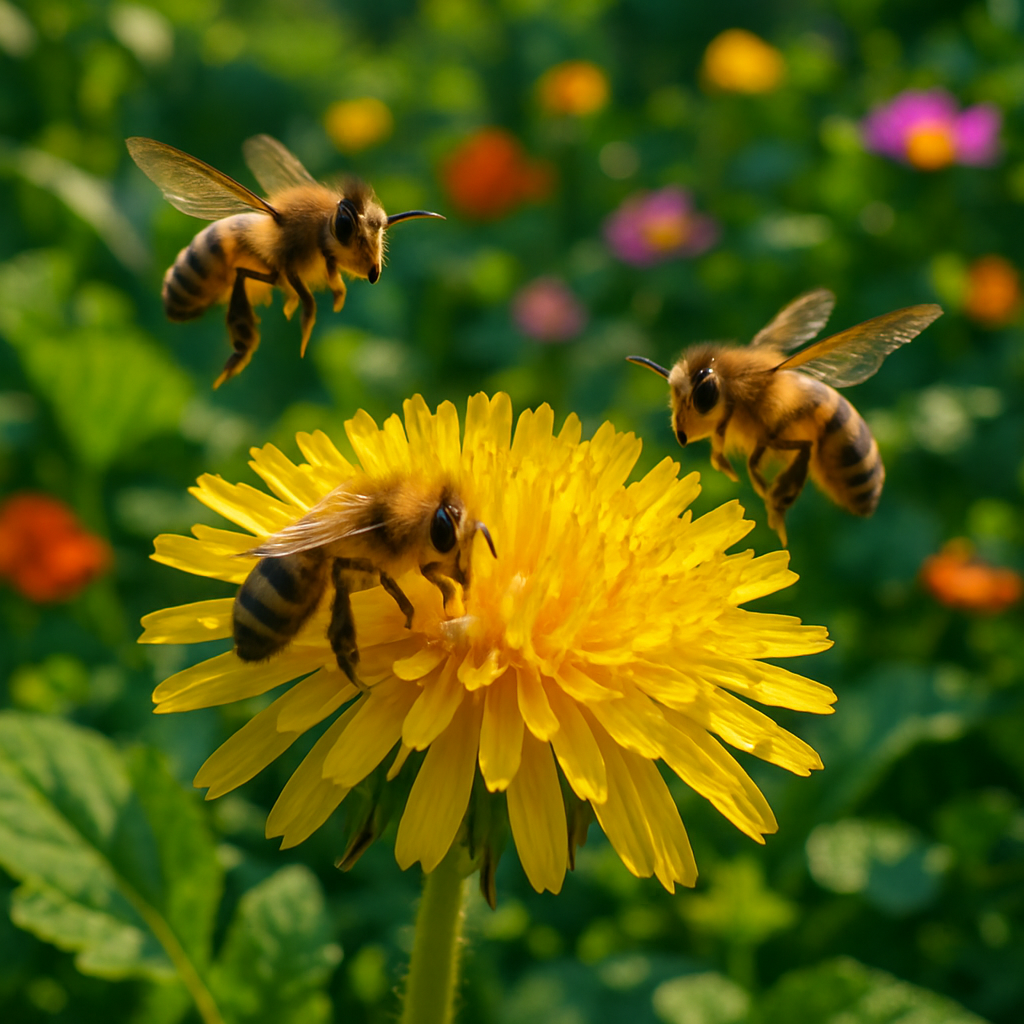 Gros plan d'une fleur de pissenlit avec des abeilles butinant, représentant la biodiversité dans un jardin écologique.