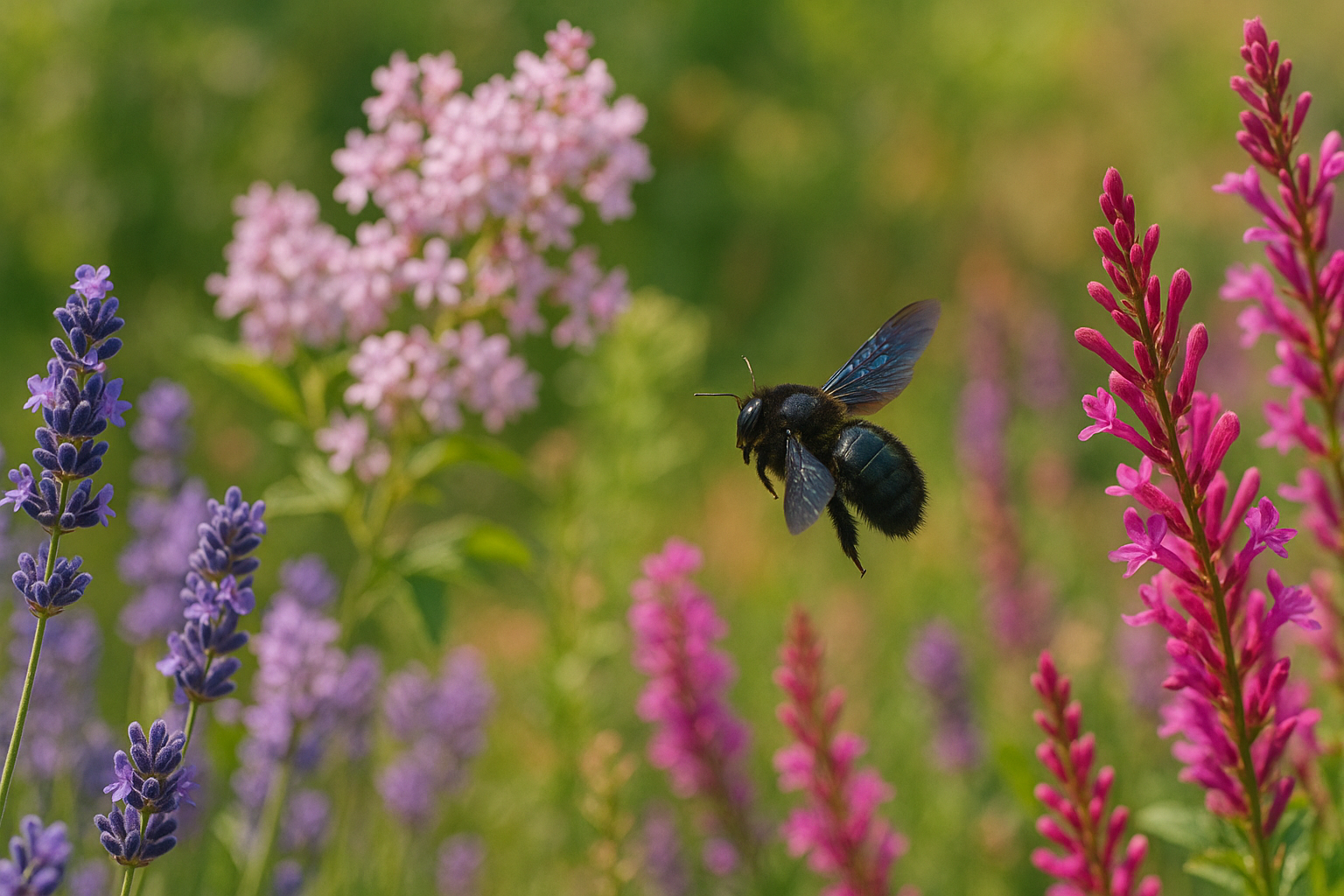 Jardin fleuri avec lavande et lilas, attirant une abeille charpentière.