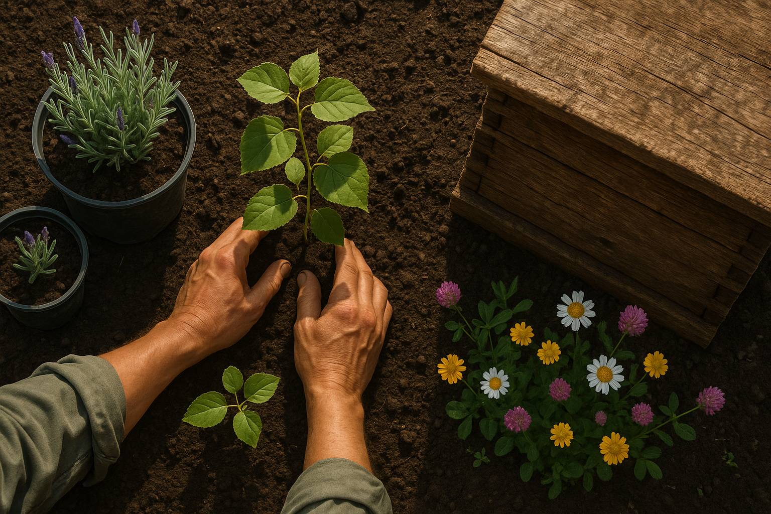 Mains plantant diverses plantes mellifères près d'une ruche
