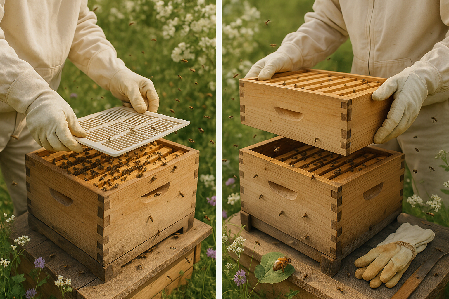 Mains d'apiculteur posant une grille à reine