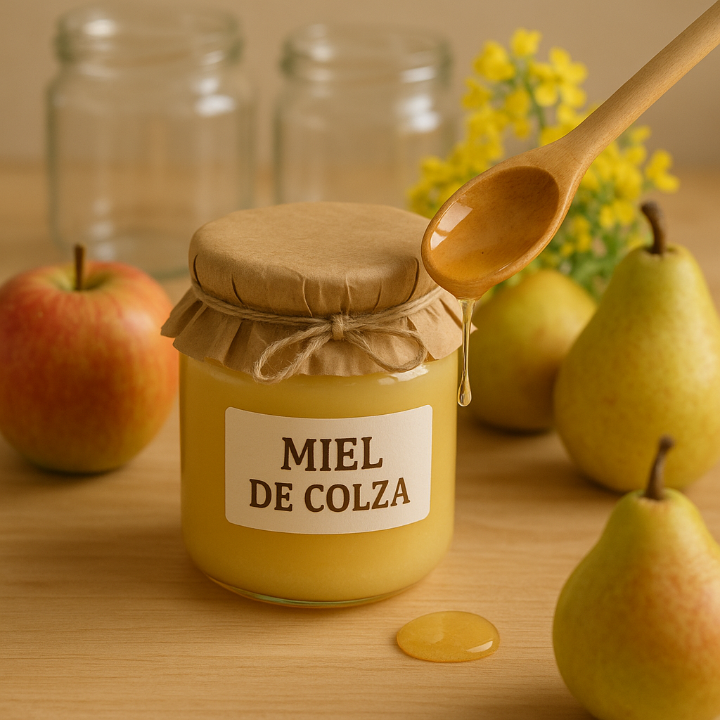 Pot de miel de colza entouré de fruits frais et décoré avec des fleurs de colza sur une table en bois.