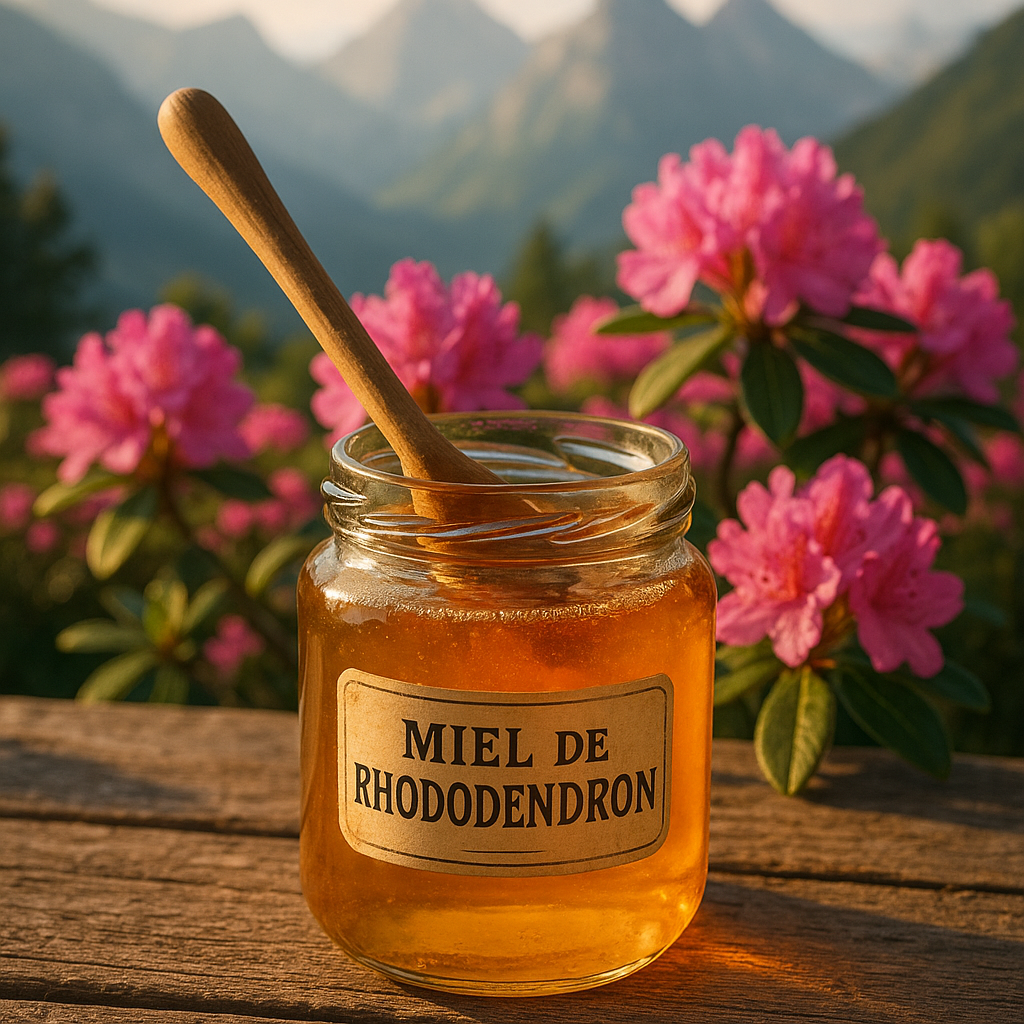 Pot de miel de rhododendron avec cuillère en bois et fleurs de rhododendron en arrière-plan.