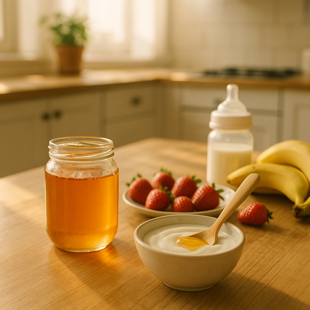 Pot de miel et yaourt pour bébé dans une cuisine