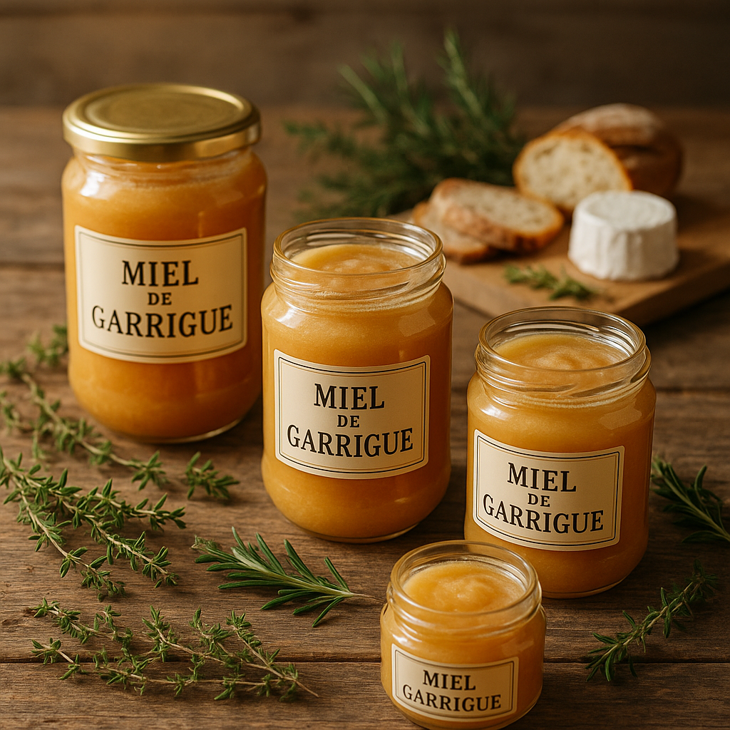 Table en bois présentant des pots de miel de garrigue avec des brins de thym et du fromage de chèvre.