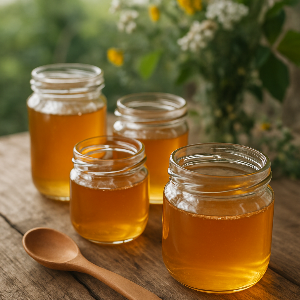 Des pots de miel en verre sur une table en bois avec une cuillère en bois, entourés de fleurs sauvages et de feuilles vertes.