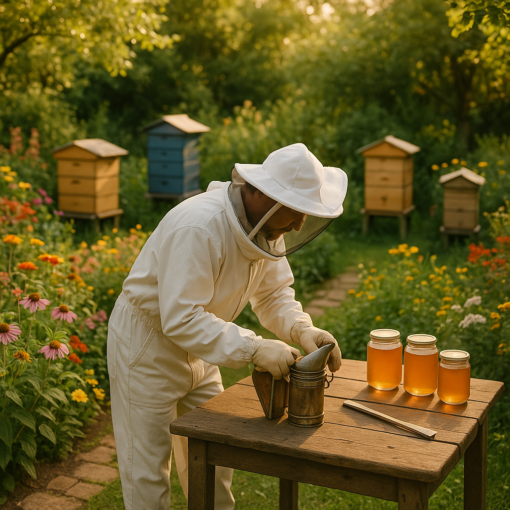 Apiculteur préparant son équipement d'apiculture dans un jardin avec ruches