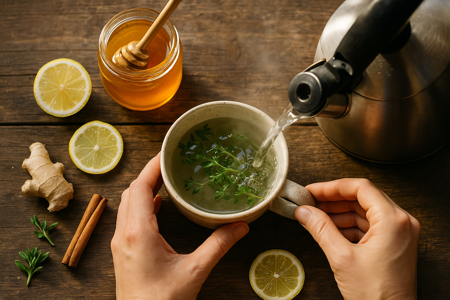 Préparation d’une tisane de thym et miel avec citron et gingembre sur une table en bois.