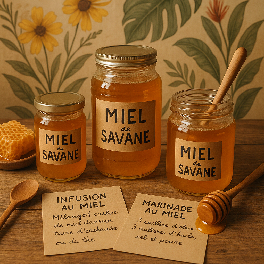 Assortiment de produits à base de miel de savane sur une table rustique.