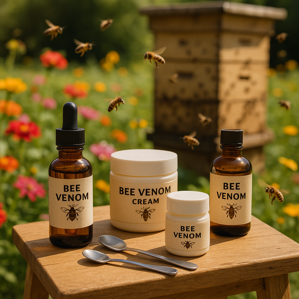 Produits à base de venin d'abeille sur une table en bois avec une ruche en arrière-plan