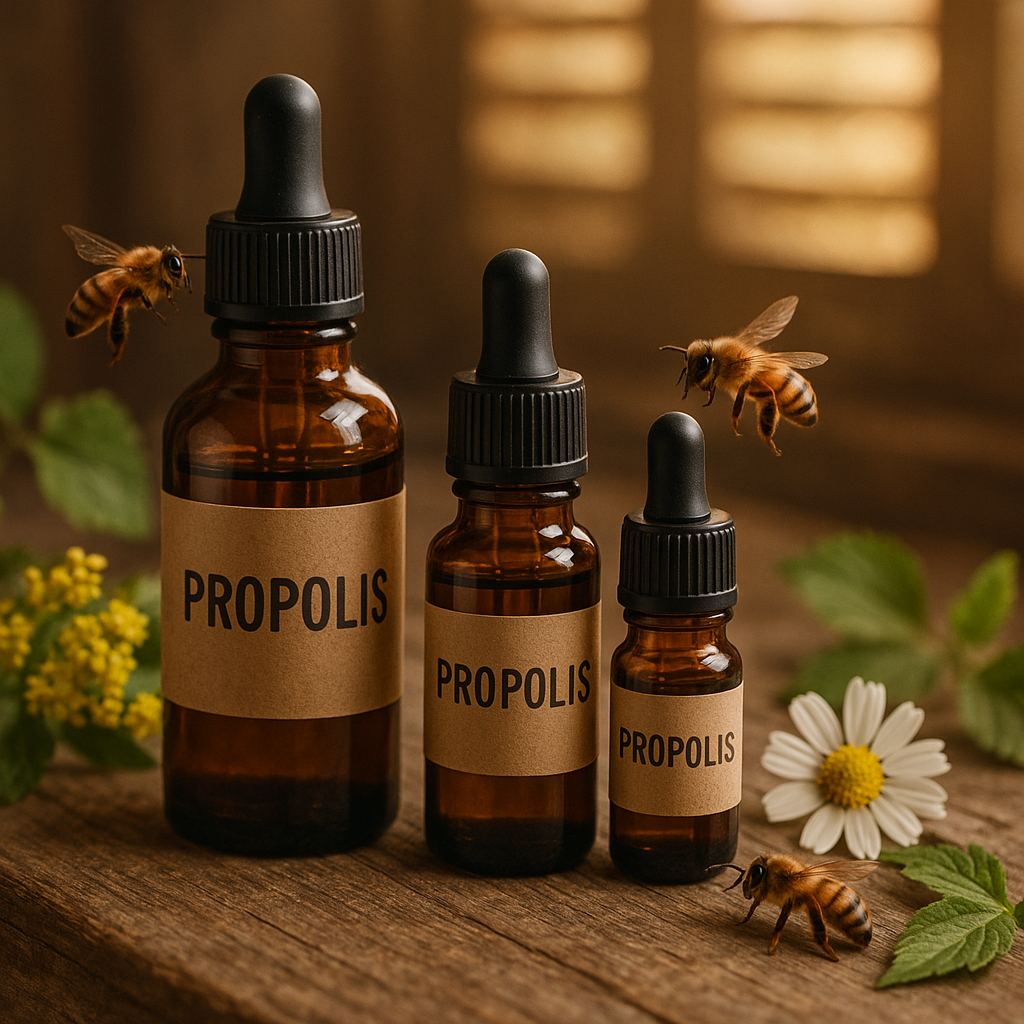 Flacons de propolis entourés de fleurs et d'abeilles sur une table en bois.