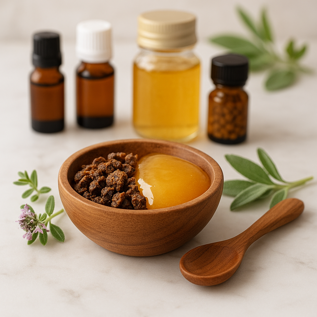 Mélange de propolis et miel sur un marbre avec des plantes médicinales.