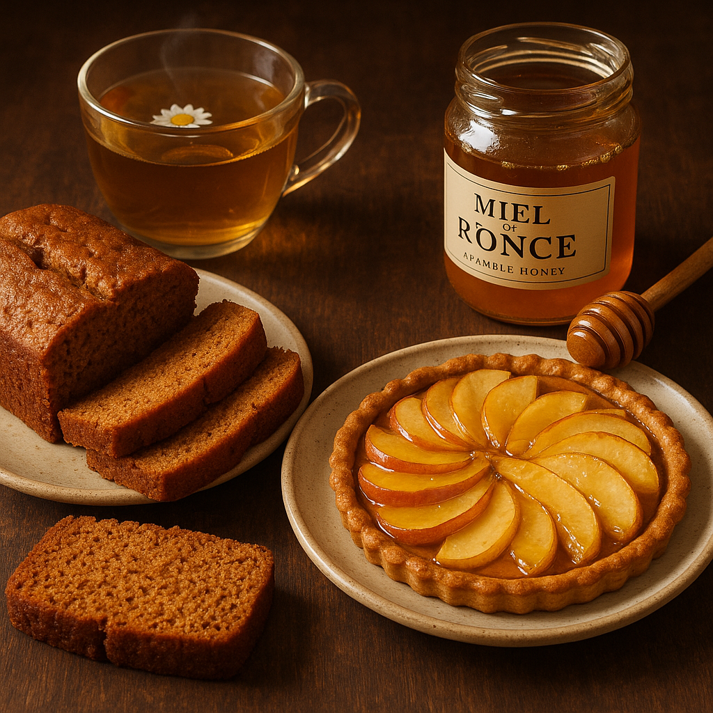 Pain d'épices et tarte aux fruits avec miel de ronce sur une table en bois