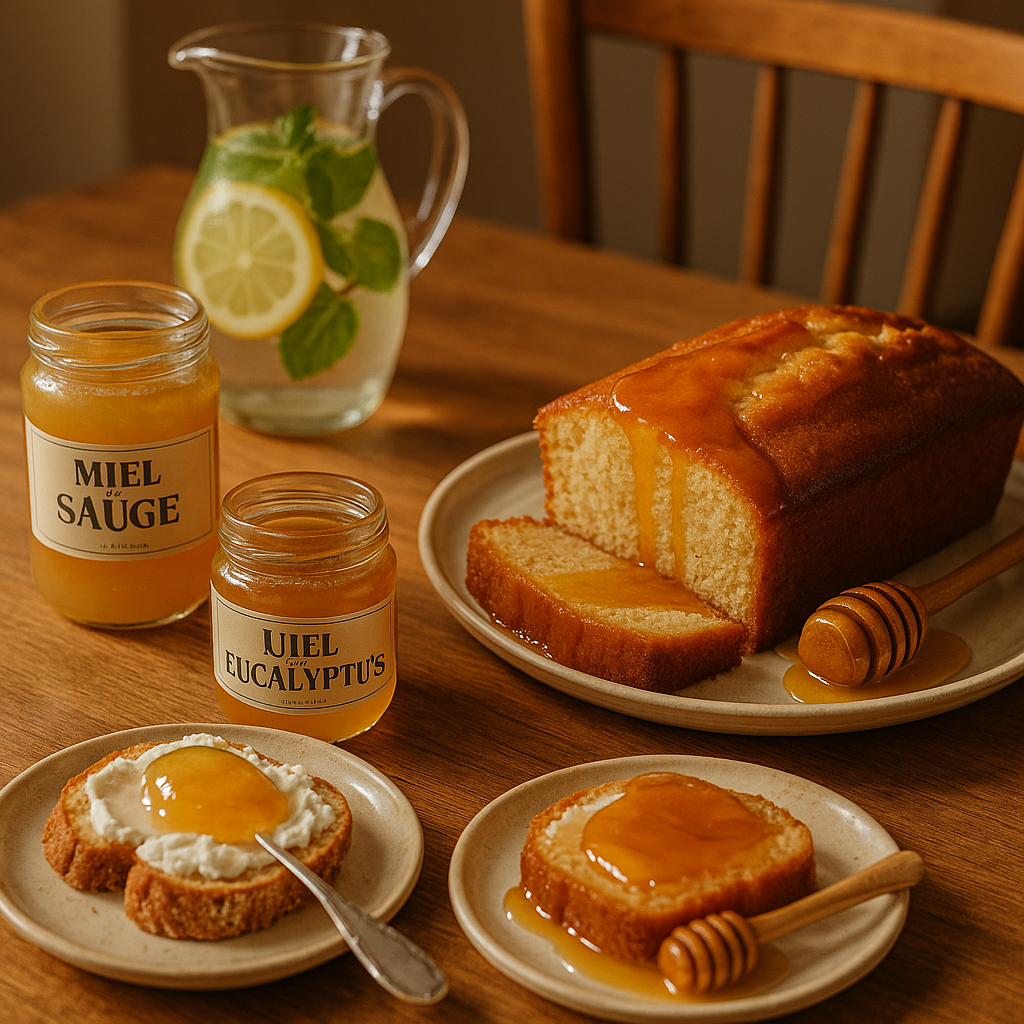Table de salle à manger avec un gâteau au miel d'eucalyptus et des tartines au miel de sauge.
