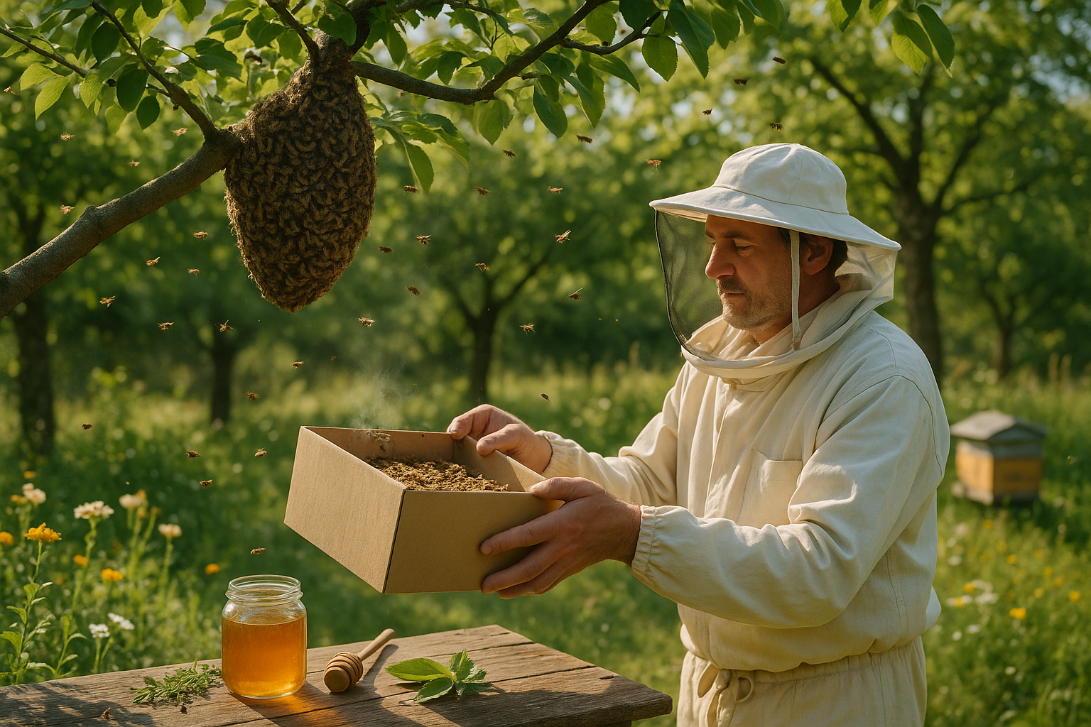 Un apiculteur récupère un essaim d’abeilles avec délicatesse dans un jardin arboré.