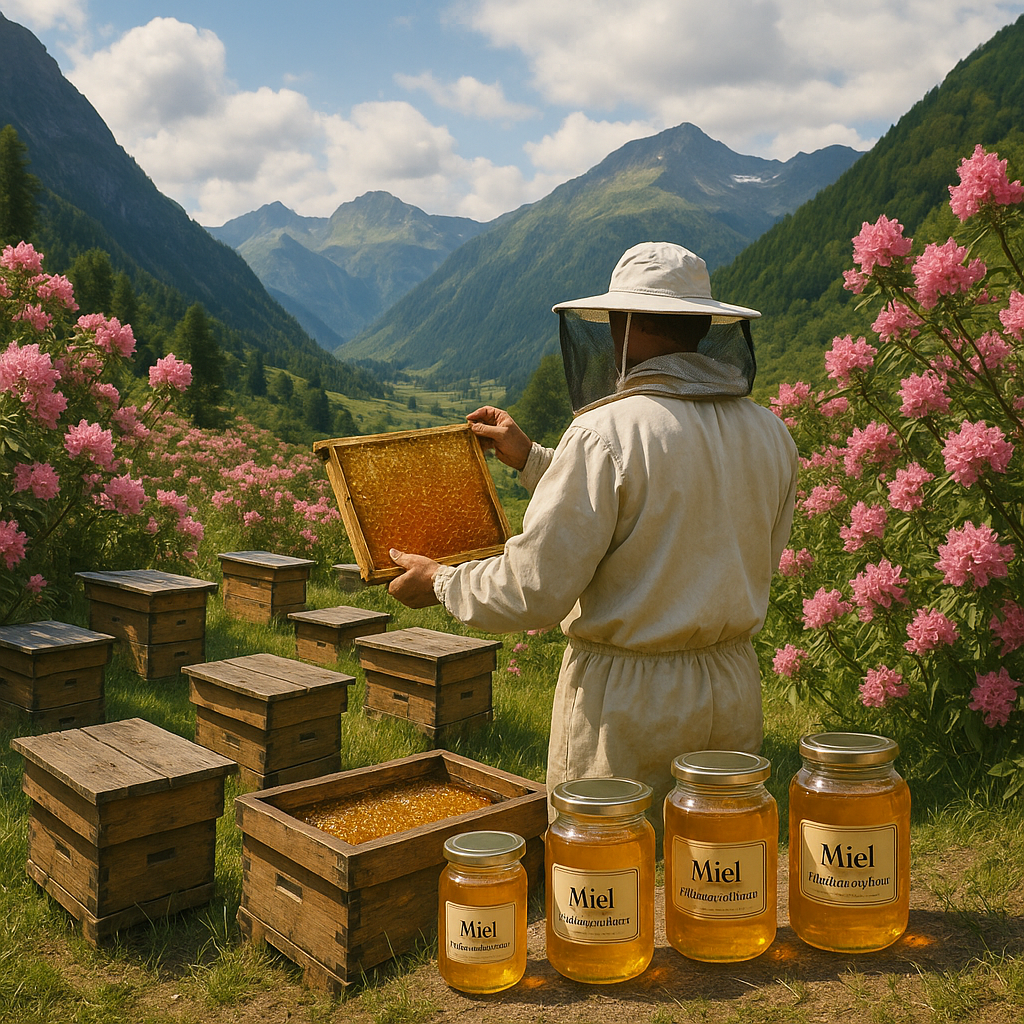 Apiculteur récoltant du miel de rhododendron avec des ruches et des fleurs de rhododendron en arrière-plan.