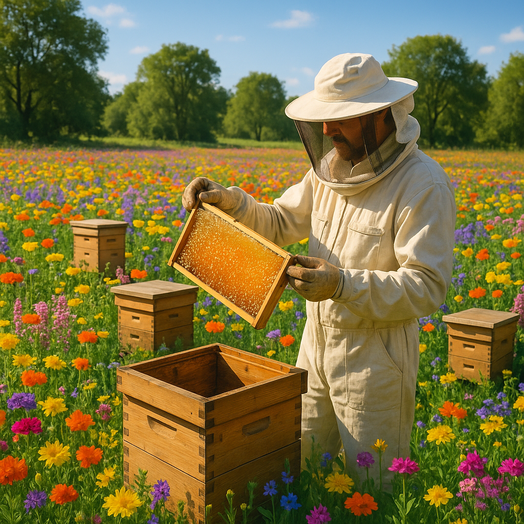 Un apiculteur vérifiant une ruche avec un cadre rempli de miel dans un champ de fleurs.