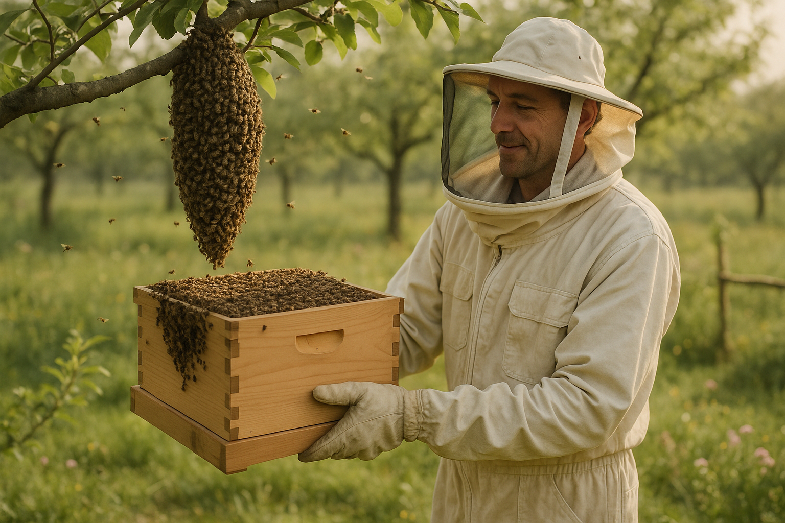 Apiculteur récupérant un essaim d'abeilles suspendu à une branche