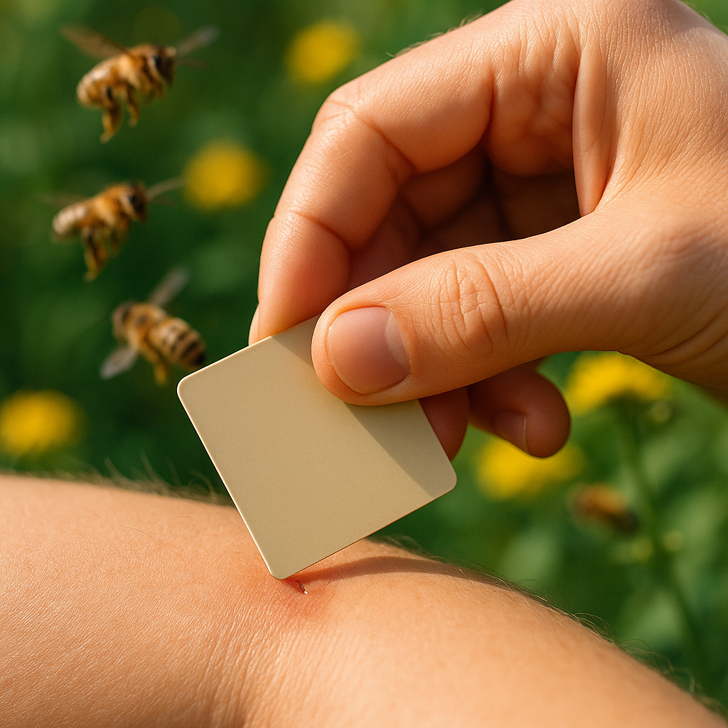 Une main utilisant une carte de crédit pour retirer un dard d'une piqûre d'abeille sur un bras.