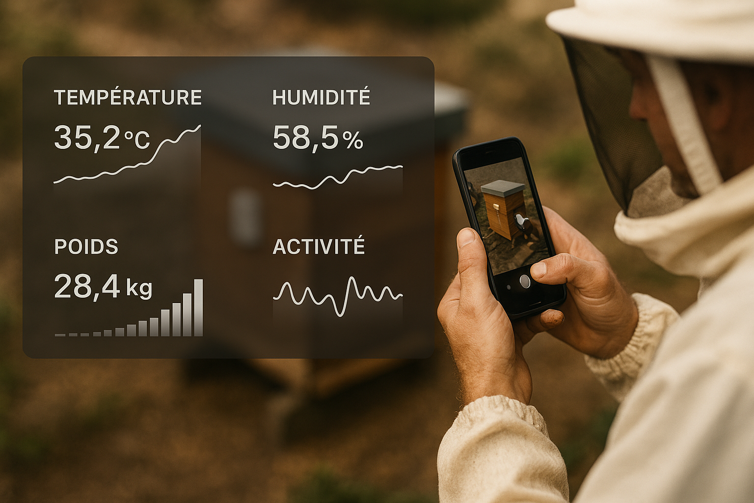 Apiculteur consultant les données d'une ruche via smartphone
