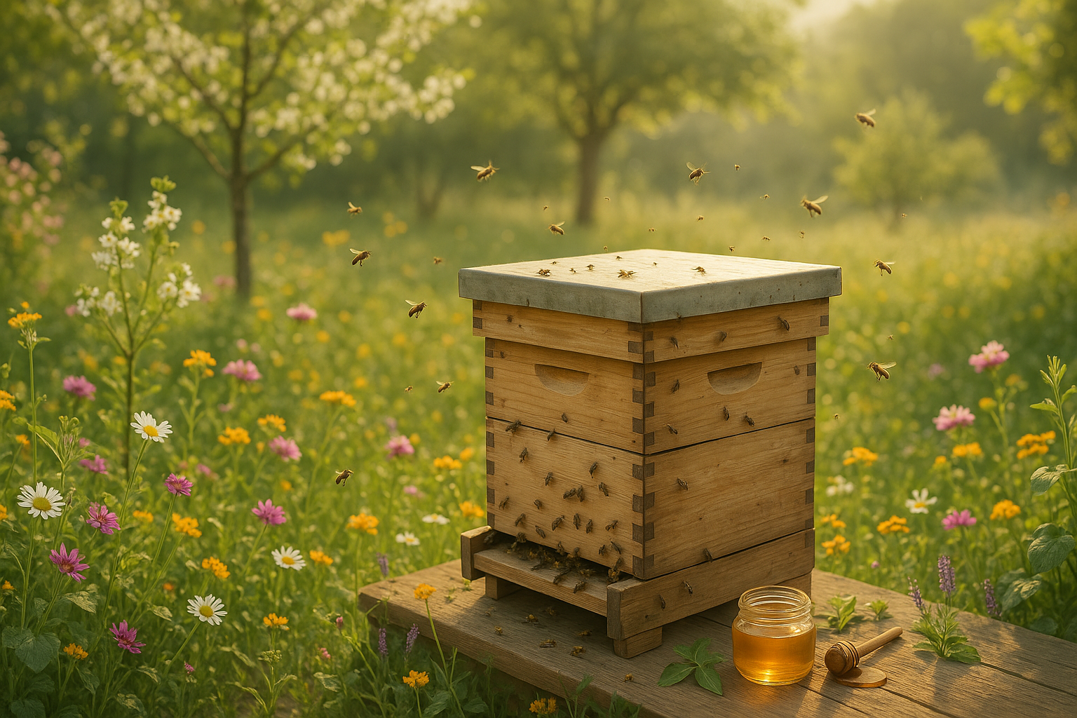 Une ruche écologique installée dans un jardin fleuri avec des abeilles en vol.