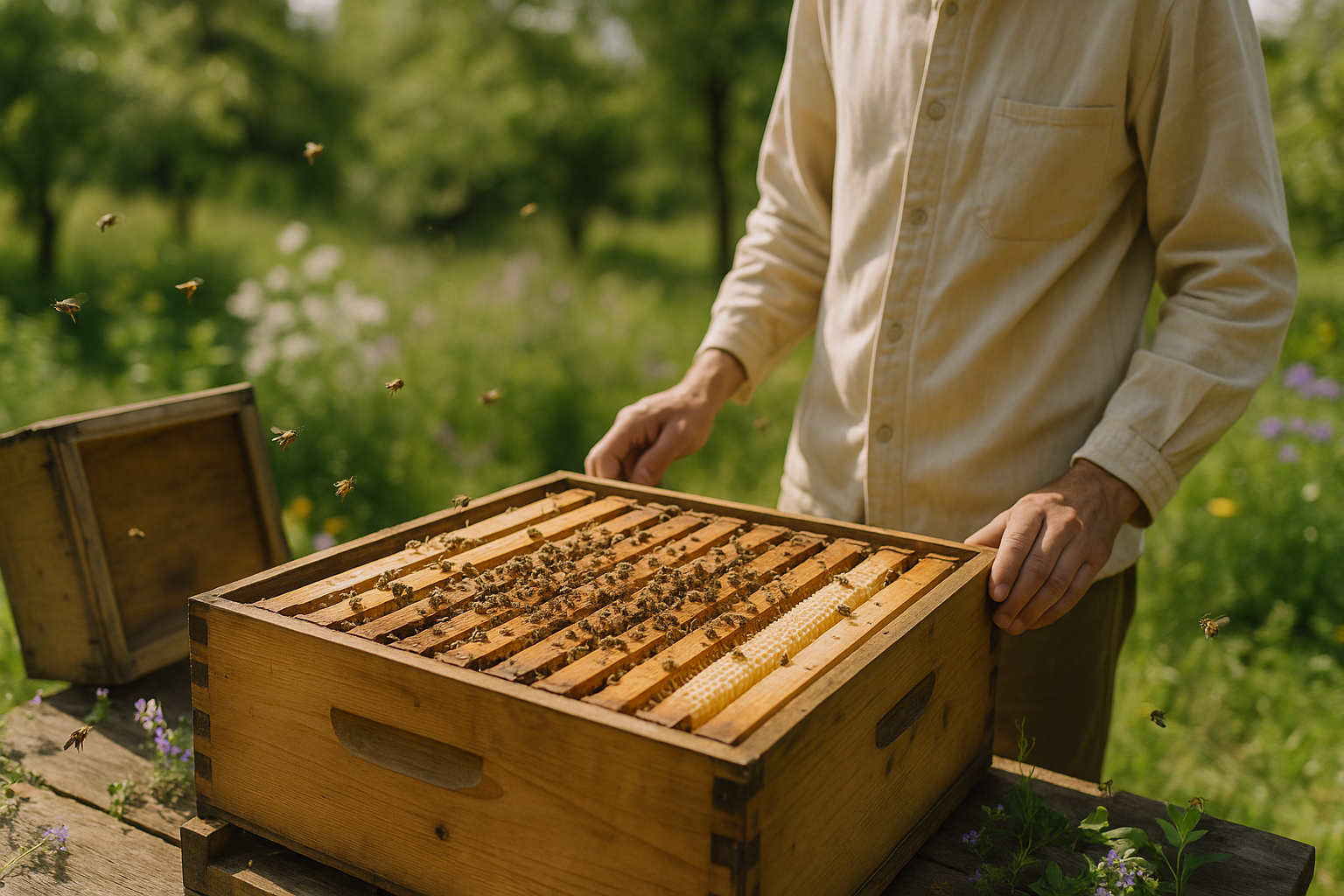 Ruche bien remplie avec cadres occupés et cire blanche
