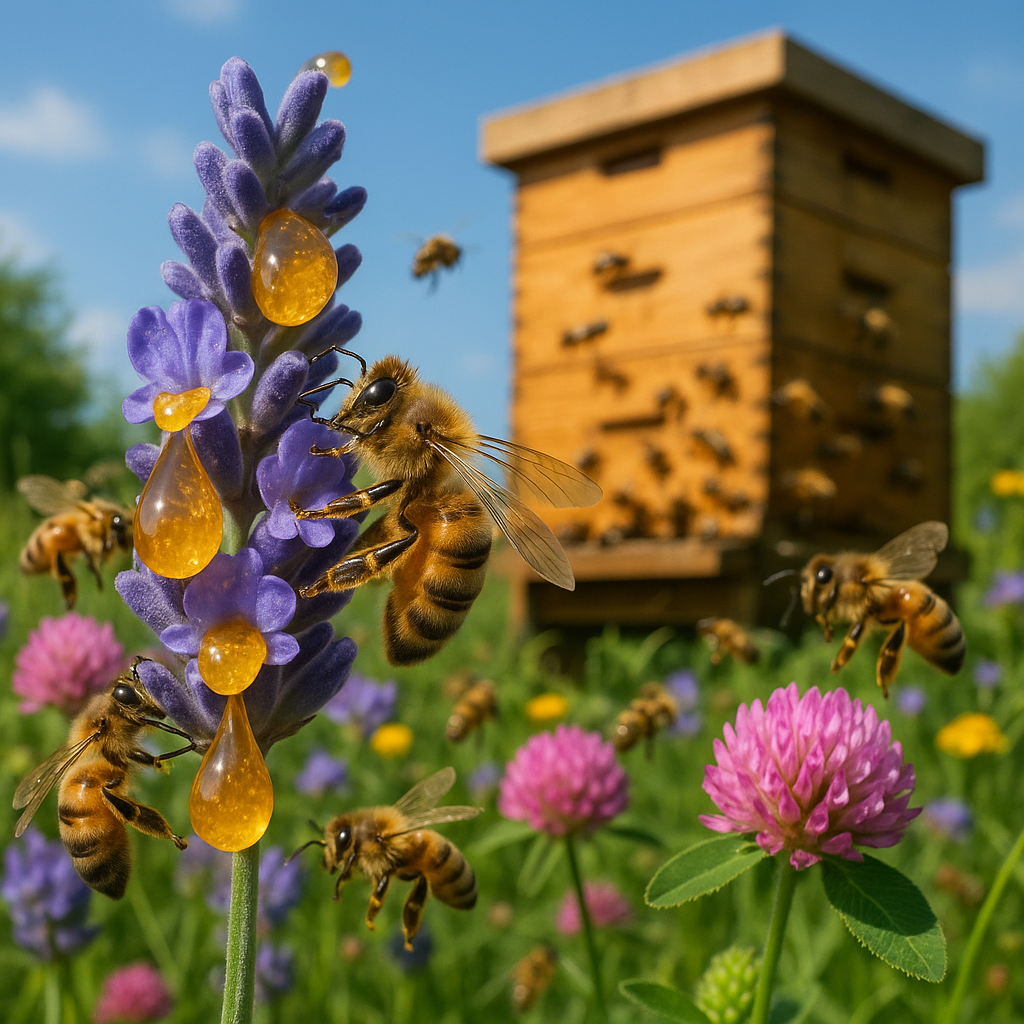 Illustration du lien entre les fleurs butinées par les abeilles et la couleur du miel qu'elles produisent.