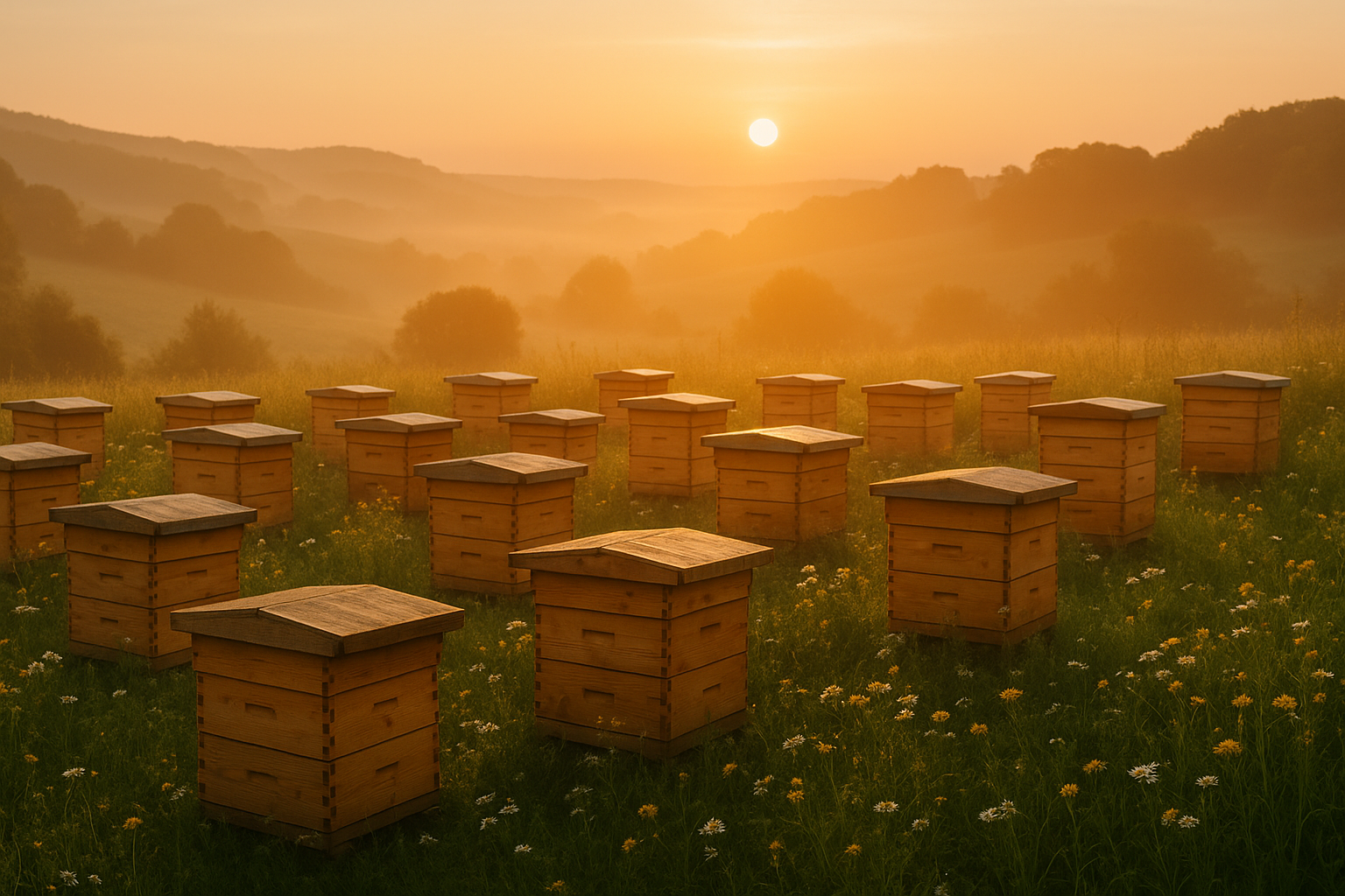Rucher biologique au lever du soleil entouré de fleurs sauvages