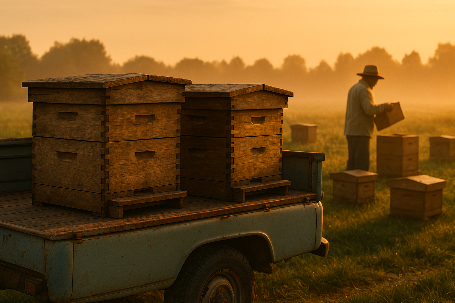Ruches chargées sur un camion pour transhumance au lever du jour